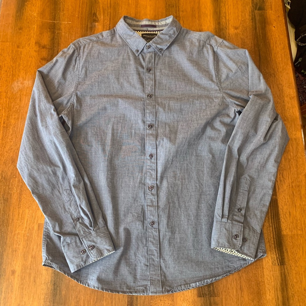 Denim & Flower Shirt Large Blue Casual Button-Down Slim Fit Ricky Singh